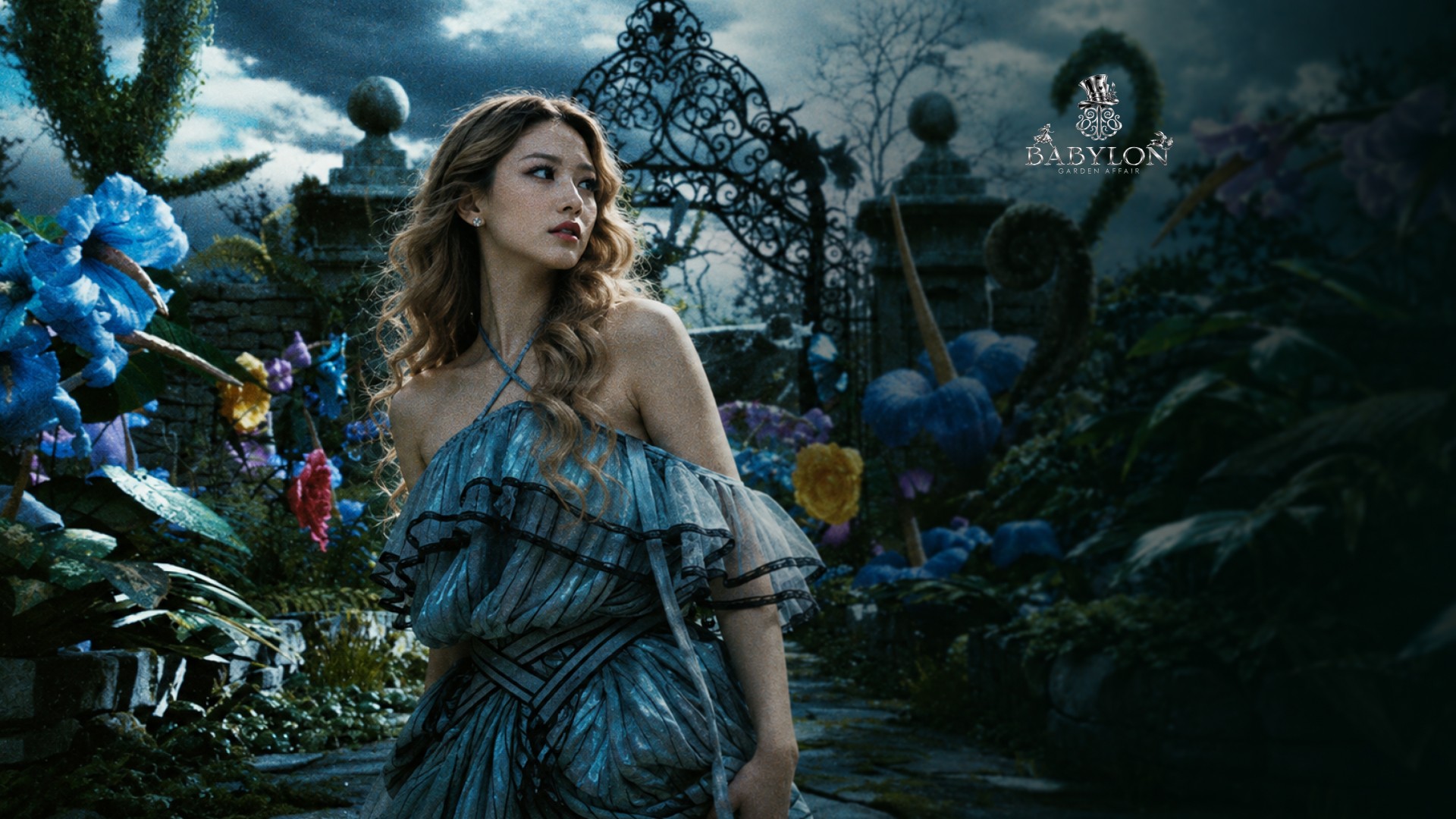 A guest in costume in the Babylon garden, dressed for Wonderland